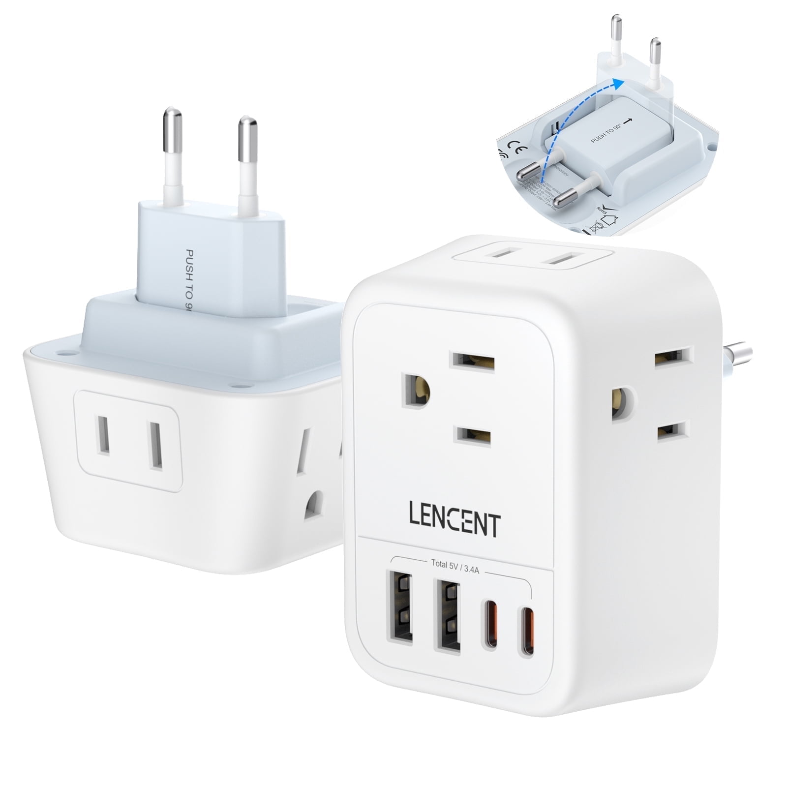 LENCENT European Travel Plug Adapter,USA to EU outlet adapter,Mutli Usb C Wall outlet extender Foldable Plug converter with 4 Outlets 4 USB (2 C) Ports Charger